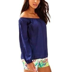 Lilly Pulitzer Navy Off Shoulder Blouse with Poms - XL